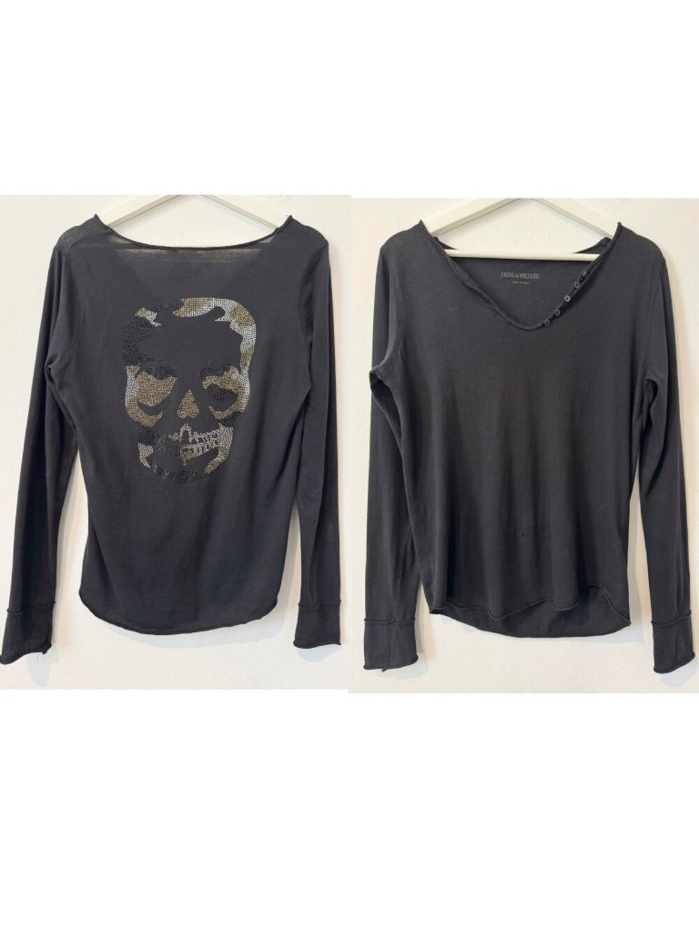 Zadig and Voltaire Tunisien Camo Skull Henley Top Size Small Rock and Roll Edgy